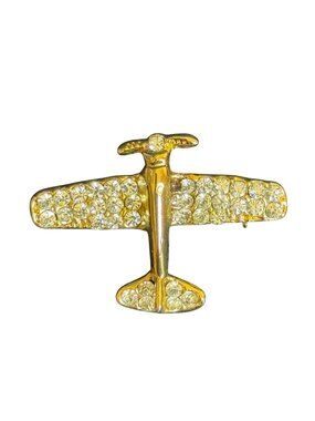 Gold-Tone Airplane Brooch Clear Rhinestones Vintage-Inspired Pin-Back Closure